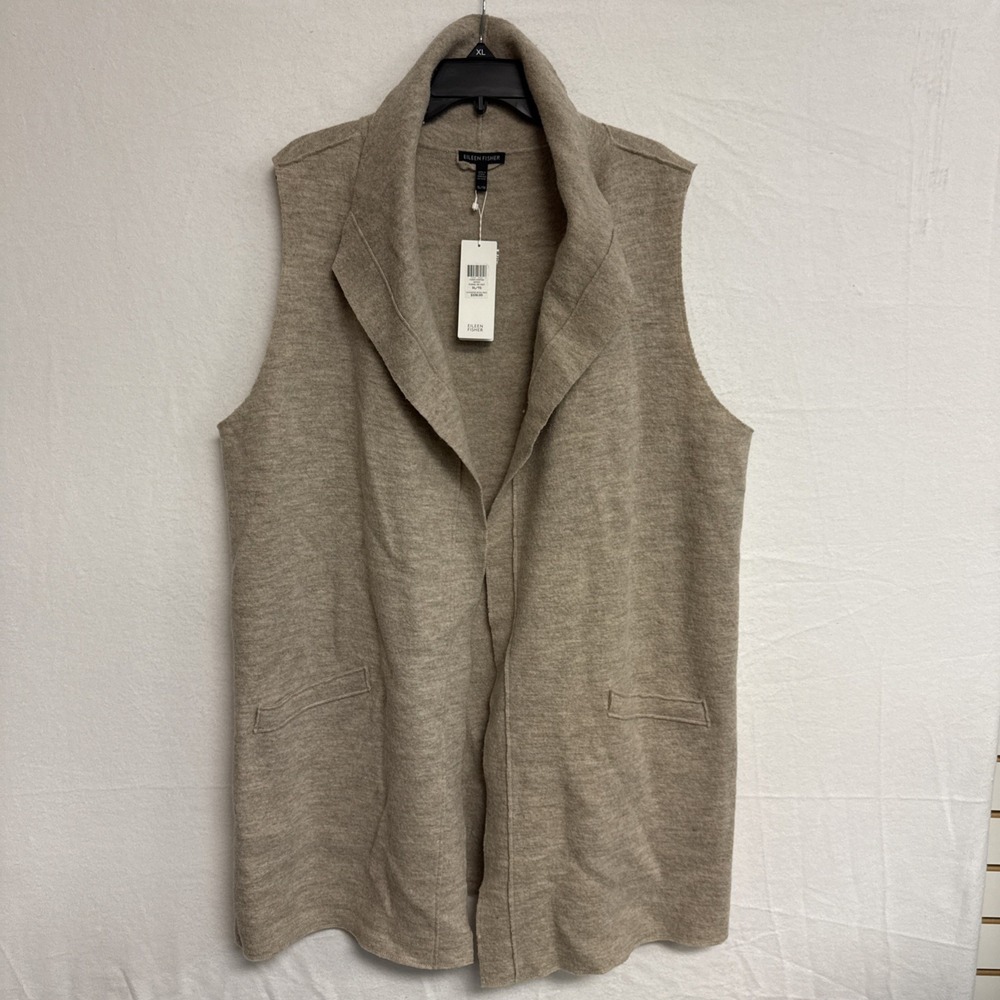 Eileen Fisher Funnel Neck Vest Boiled Wool XL Knit NWT $338 Oat/Tan Pockets